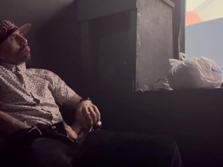 Stroking my rock hard cock at the theatre in Hollywood for all to enjoy