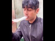 Preview 1 of Straight friend left his used condom in garden house so I drink his cum, put condom on and jerk off