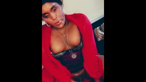 HOT, Sexy EBONY TRANS girl records herself solo wanking her big black cock & masturbating with Toy
