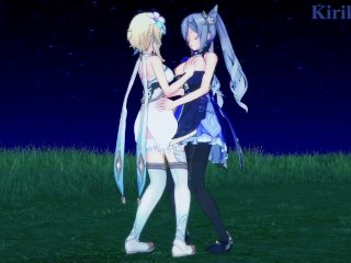 Lumine and Keqing engage in intense lesbian play in a meadow at night. - Genshin Impact Hentai