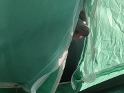 Preview 3 of He put dick in the tent, and stranger girl jerk off him and take big cum fountain, glory hole