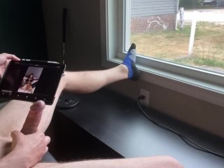 cumshot, watching porn, step sister, male moaning