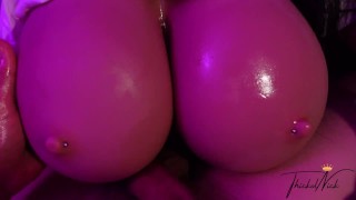 Best Titfuck In His White T-Shirt! Huge OILED TITS, Cum Moans (sex doll)