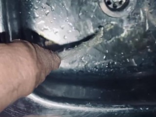 Uncut Dick is Pissing into the Room Sink from above