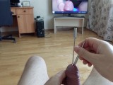 Double deep urethral insertion of a 11 mm rosebud cock sounding rod and a small urethral plug