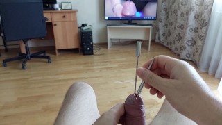 Double deep urethral insertion of a 11 mm rosebud cock sounding rod and a small urethral plug