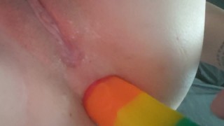 Fucking my slutty ass with my rainbow dildo 