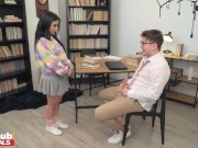 Preview 2 of FAKEhub - Quick cum in panties in the college study room leads to petite girl getting dripped on