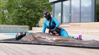 Cristal Kinky handjob and fucking bound sub in latex vac bed Preview 