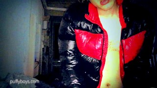 Up and down: fucking in black and red down puffy jacket