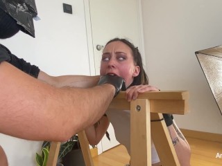 Petite Painslut AnaKatana Tied to a Post Gets Humiliated, Face Slapped and Finger Gagged while Blind