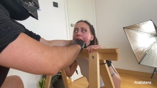 Petite painslut AnaKatana tied to a post gets humiliated, face slapped and finger gagged while blind