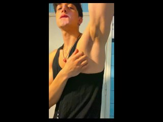 Flexing my armpits and oiling my body in a friend's bathroom