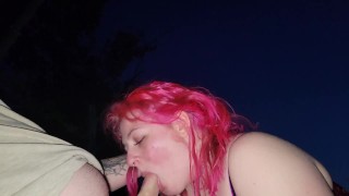 pink haired slut sucks daddy's dick in public and swallows