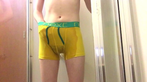 College Twink Floods Yellow Boxer Briefs with Piss