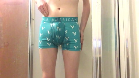 Desperate College Twink Peeing in his Turquoise AE Boxer Briefs