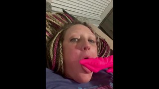 Blond braids sucking pink cum covered juicy alien dildo licking wet blowjob sucking 
