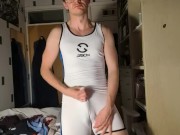 Preview 2 of Brit actually cums at last in a different singlet (wow!)