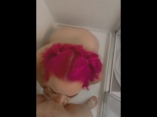 Pink Hair Deep Throat in Shower