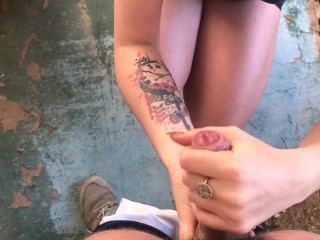 Outdoor handjob in abandoned resort houses_near the Sea