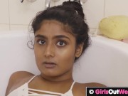 Preview 2 of Sexy hairy babe masturbates in milk bath