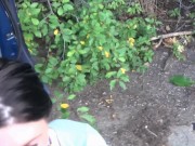 Preview 1 of Public roadside blowjob from cute teen with facial. Black hair with pink contacts.