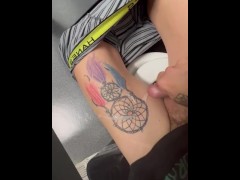 Big dick caught jacking off in public bathroom. HUGE LOAD! 