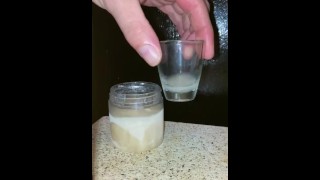 Pouring a fresh load of my cum into my frozen cum jar