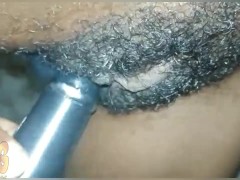 Fucking my hairy pussy with my black dildo 