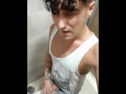 Preview 1 of Cum on own hand and chewing and swallowing own cum at a shopping mall toilet