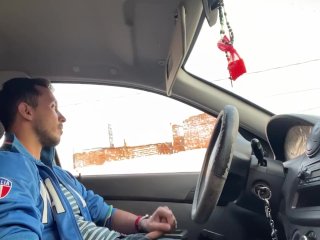 Gay jerk off in car, get caught, no cum.