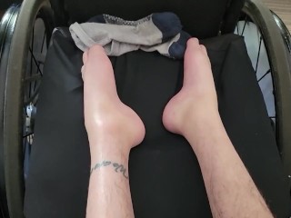 Paraplegic having Sunscreen Put on his Small Feet and Skinny Legs - first Person View