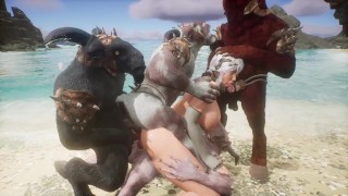 Harige monsters gangbang meisje op het strand - dubbele anale DAP 3D Hentai