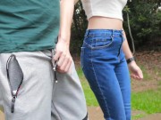 Preview 1 of I walk in the park while she gives me a public handjob