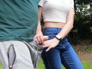 Preview 5 of I walk in the park while she gives me a public handjob