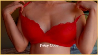 MILF hot lingerie. Big tits in red lace bra OF @wifeydoespremium