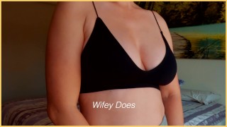 MILF hot lingerie. Big tits in black sports bra - OF @wifeydoespremium