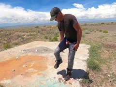 Public jeans wetting and flooding a pair of work boots