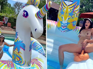 Busty Hot Brunette Harley Haze Masturbates on Giant Unicorn Float