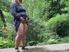 Mommy MILF helps her stepson pee outside and pee standing herself