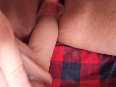 Realistic dildo in moaning trans guy's wet hole