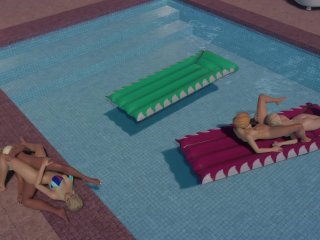 big tits, pool sex, cartoon, two couples foursome