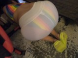 Wife see through shorts rainbow Bikini in public