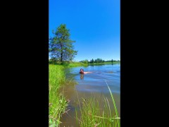 Hung Fisherman stud strips naked, skinny dips, wild piss, outside on river angler