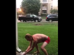 Big daddy ginger gets wet n wild outside