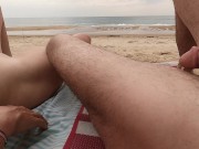 Preview 3 of SEX AT THE PUBLIC BEACH naked I jerk him off people see us he cums anyway