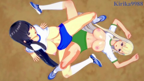 Yomi e Ikaruga se envolvem em uma intensa brincadeira lésbica no pátio da escola. - Senran Kagura Hentai