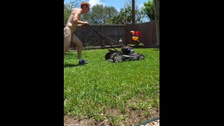 Readhead mowing lawn nude