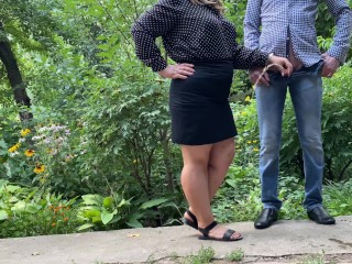 Mommy Holds Stepson's Cock while he Pisses outside