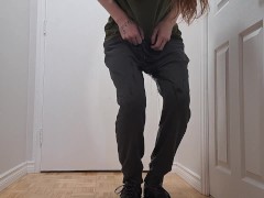 Cute trans girl is locked out of the bathroom and has a desperate accident